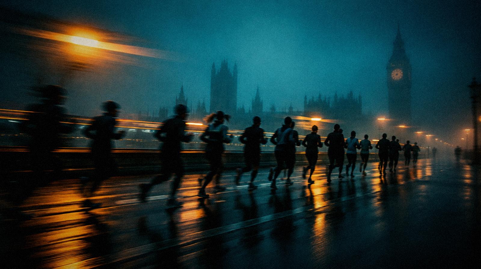 A London run club passing Big Ben in the blue hour